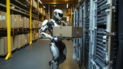 Fototapeta premium Advanced Humanoid Robot Assisting with Cargo Loading in Industrial Warehouse Setting