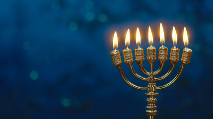 Fototapeta premium Golden Hanukkah Menorah with Lit Candles on Blue Background, Festive Jewish Holiday Symbol