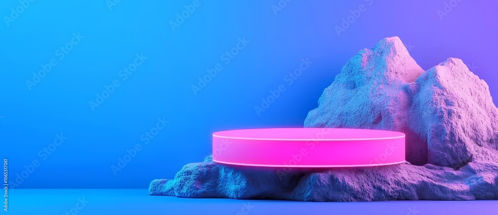 Poster 3d modern goods display flying platform for game ui design. floating stage in air with dark backgrou