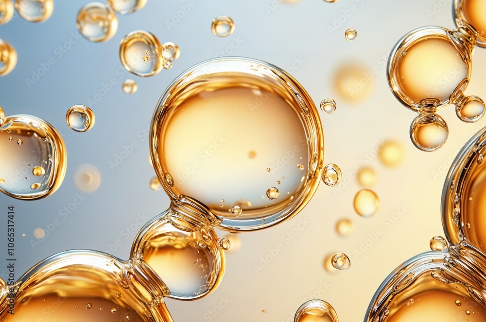Poster Close up golden bubbles floating in liquid, creating a mesmerizing visual effect with light background.