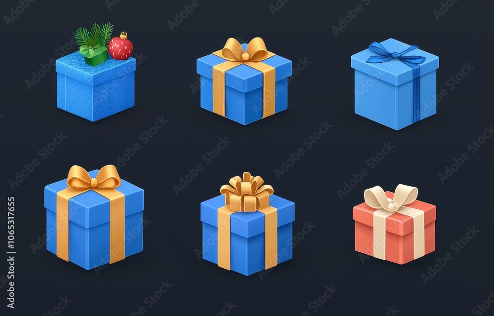 Poster a set of closed and open blue gift boxes with yellow ribbon and bows for game user interface design.