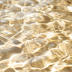 Close-up of transparent water with ripples and golden reflections, creating a abstract background.