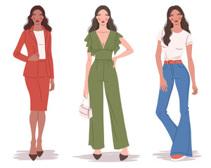 Fototapeta premium Vector flat illustration of fashionable women in colorful outfits. Fashion models, isolated on a white background. 