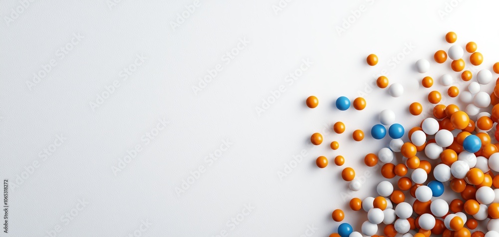 Poster colorful balls scattered on a white isolate background, creating a vibrant and playful visual effect