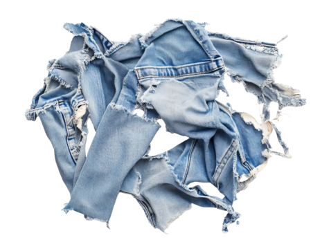Wrinkled pieces of torn denim fabric on a white background, transparent
