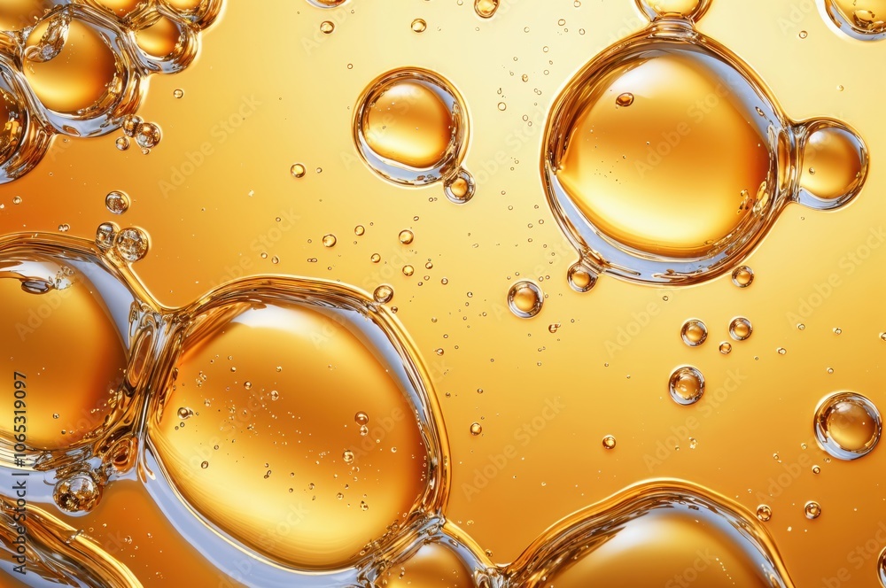 Poster Close up view of golden liquid bubbles, creating an abstract backdrop with a warm and glow