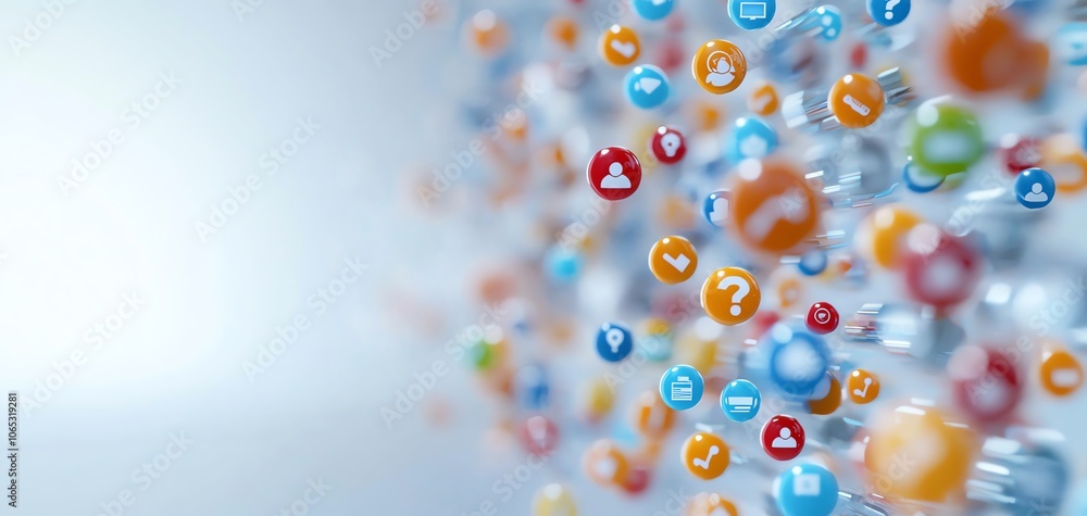 Aufkleber A vibrant array of colorful social media icons floating in a modern digital environment, representing connectivity and online interaction, with a soft blur background.
