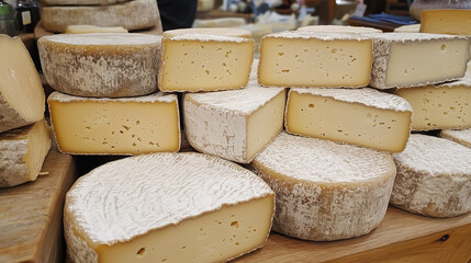 A stack of cheese with a white rind