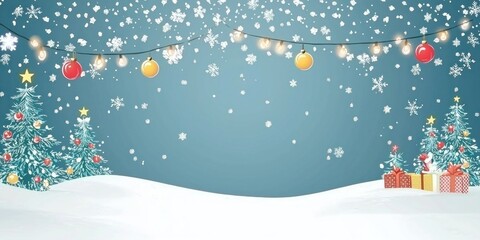 Minimalist Christmas party flyer with a snowy background and colorful holiday illustrations.