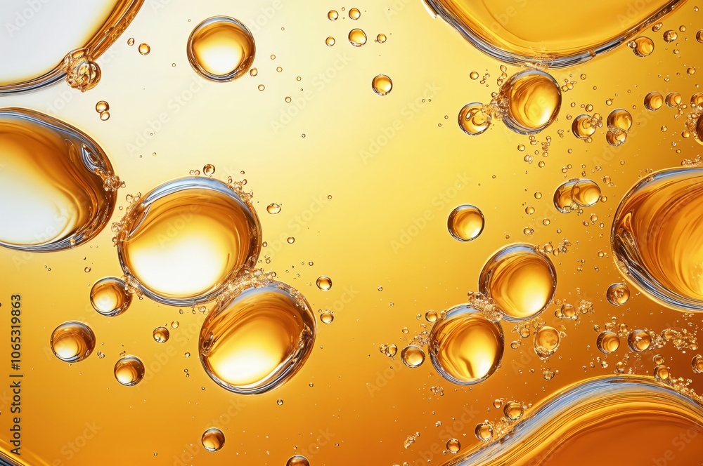 Poster Close up of bubbles in sparkling amber liquid with texture and golden background.