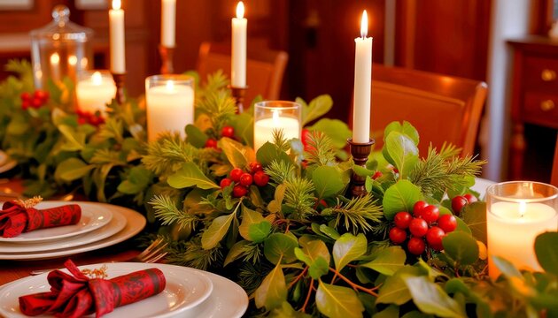 Elegant holiday dining table centerpiece with Ostrolist
, greenery and candles for festive celebrations