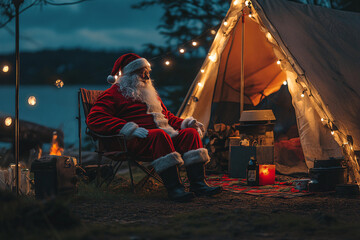 Santa Claus sitting outside a cozy tent with string lights on a calm evening near a lake creating a festive and warm holiday atmosphere
