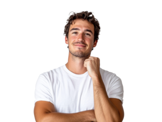 Young man smiling thoughtfully with hand on chin, cut out transparent