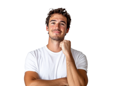 Young man smiling thoughtfully with hand on chin, cut out transparent