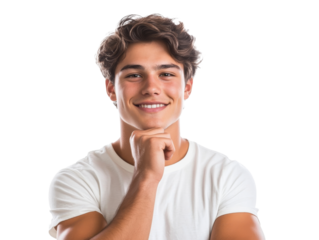 Young man indoors with a thoughtful look, cut out transparent
