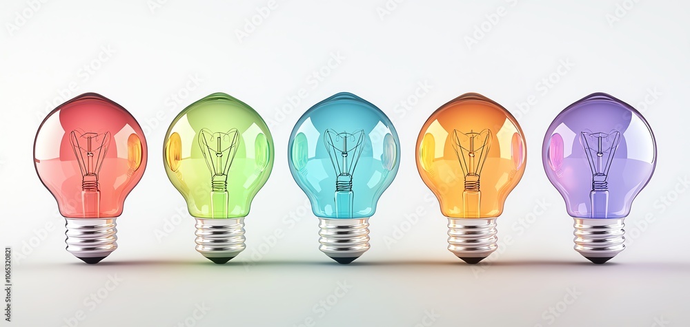 Poster Colorful light bulbs arranged in a row. Each bulb features a different vibrant hue against a subtle background, ideal for creative projects and design inspirations.