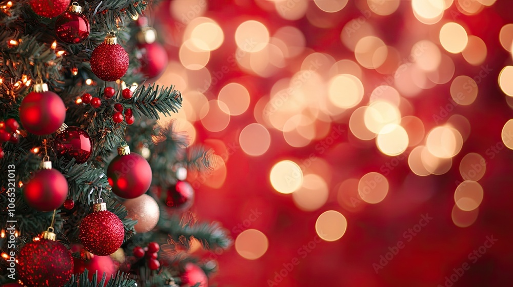 Poster festive red backdrop with shimmering bokeh lights, creating a magical atmosphere for holiday celebra
