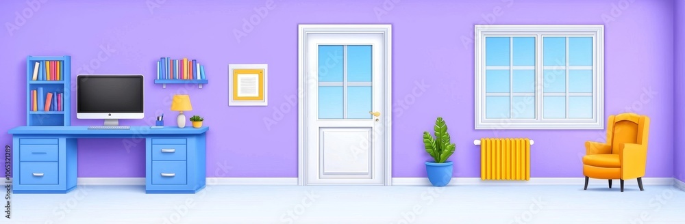 Poster this image shows the view of a ceo's office with a window and a modern desk. the view is of the inte