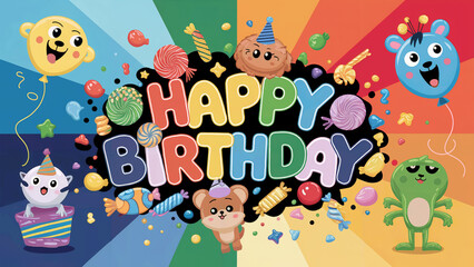 Fototapeta premium A children's birthday background with bright rainbow colors. There are cartoon-style balloons in the shape of animals and numbers. There is a playful 'Happy Birthday' text surrounded by candy, toys, 