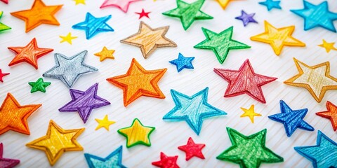 Obraz premium Colorful Hand Drawn Stars on White Background - Low Light Photography, Vibrant Art, Decorative Elements, Creative Design, Star Patterns, Artistic Textures, Unique Illustrations