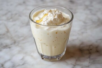 Creamy homemade milkshake topped with whipped cream and drizzled with honey on a marble table, inviting summer indulgence. Generative AI