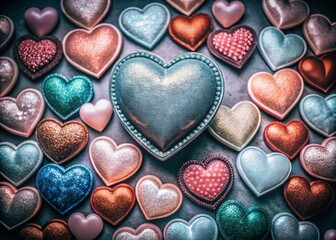 Fototapeta premium Colorful Heart Collection in Low Light Photography - Vibrant Hearts in Various Sizes and Shades for Romantic and Artistic Themes