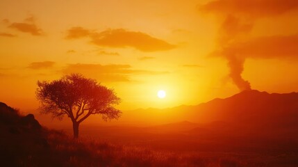 Stunning Sunset Over Mountains with Lone Tree