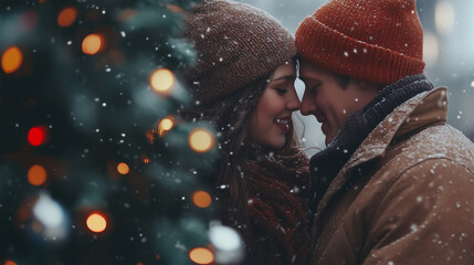 couple standing next to christmas tree at a christmas market, snowing