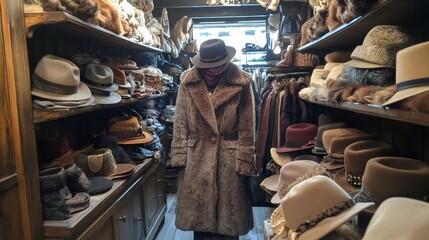 ethical vintage fashion, a vintage boutique showcasing a faux fur coat, surrounded by hats, scarves, and timeless accessories, promoting ethical fashion