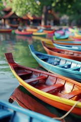 Obraz premium Riverside temple with colorful longtail boats floating past in a lively morning scene