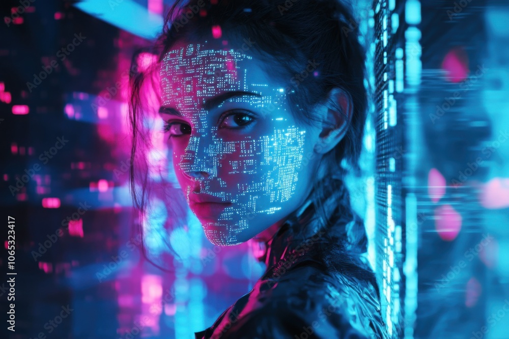 Poster Girl with artificial intelligence and digital circuits on her face, in front of a holographic cityscape. Scene is illuminated with neon lights and soft shadows, creating a futuristic atmosphere.