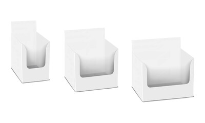 White blank paperboard display box. 3d mockup set. Cardboard container with header tab. Realistic vector mock-up. Retail package for showcasing product. Template for design