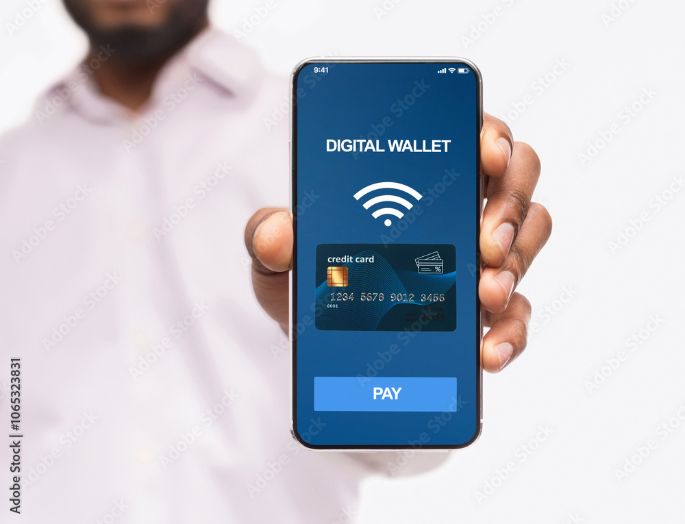 Poster mobile payment and modern cashless banking. man holding smartphone with digital wallet application o