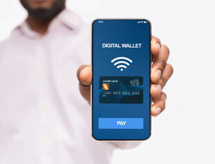 Mobile payment and modern cashless banking. Man holding smartphone with digital wallet application on screen, isolated on white background
