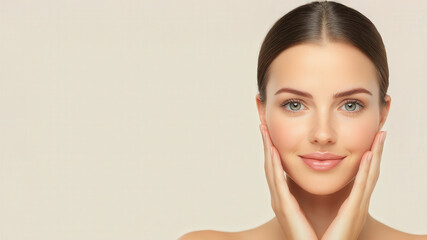 beautiful woman with smooth skin is touching her face and smiling, radiating confidence and joy. Her clear complexion and bright eyes enhance her natural beauty