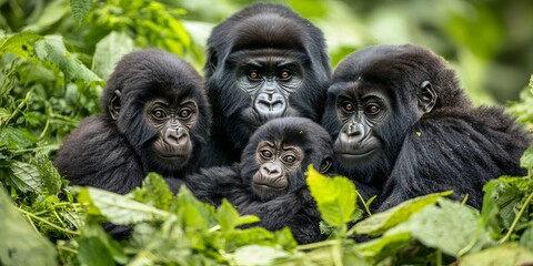 Obraz premium endangered wildlife, tranquil image of a mountain gorilla family bonding in lush forest, highlighting the serene connection among these endangered primates