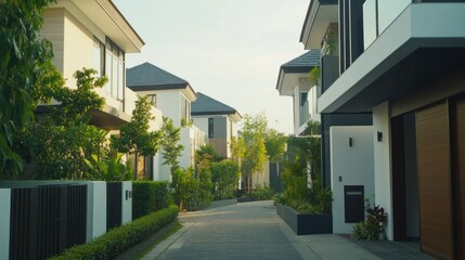 Modern Residential Neighborhood with Greenery and Pathway