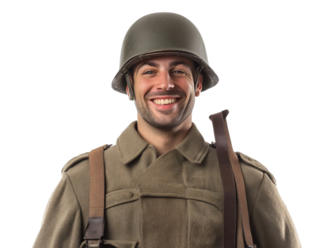 Soldier in uniform smiling brightly against a plain background, transparent