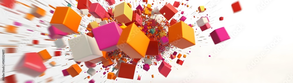 Poster colorful cubes exploding from a central point