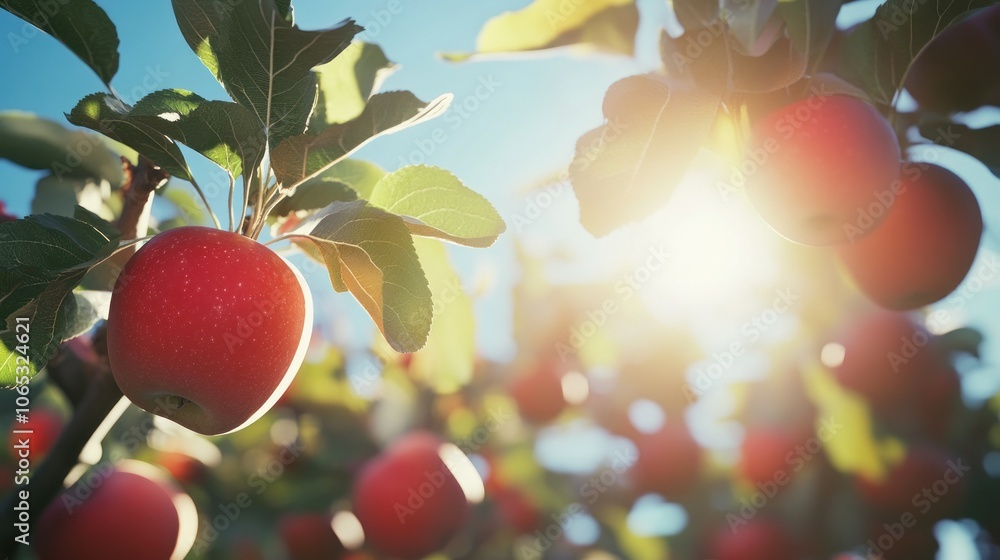 Poster fresh red apples on tree branch in soft light