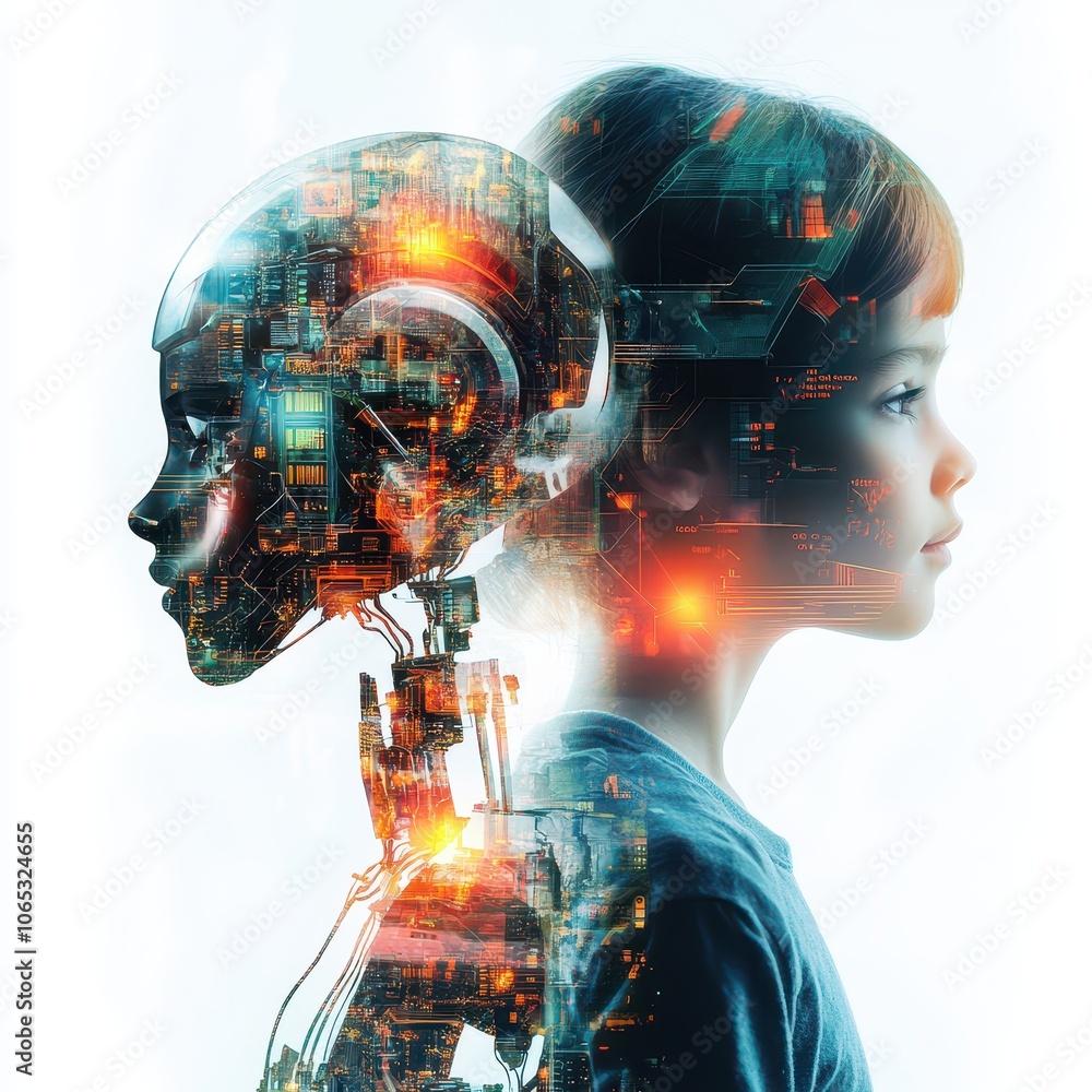 Poster exploring the intersection of technology and humanity through the lens of a futuristic robot and chi