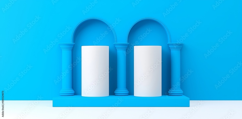 Aufkleber object podium on floor of studio room with arc window in blue wall. illustration of 3d realistic goo