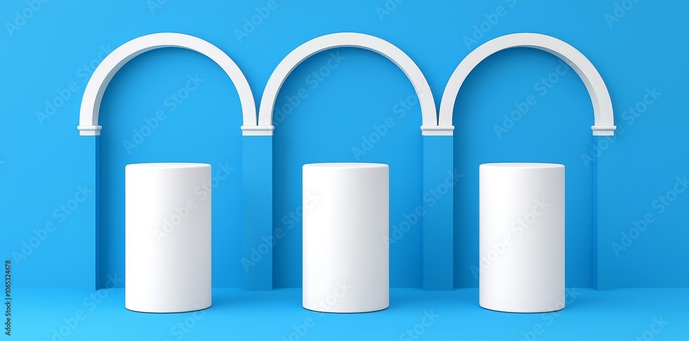 Aufkleber realistic 3d illustration of goods display mockup with arc hole on the floor of a studio room with b
