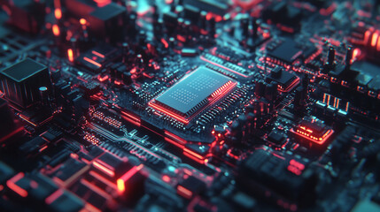 Fototapeta premium Close-up view of a futuristic circuit board illuminated with red and blue lights at night