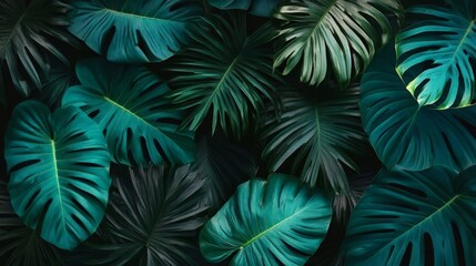 Tropical Background, Design With Dense, Lush Green Jungle Monstera Leaves Close Up. Natural Concept.
