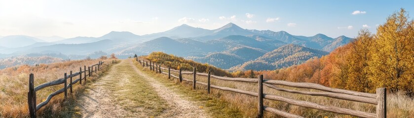 Fototapeta premium Scenic mountain view with colorful trees and a winding path in autumn.