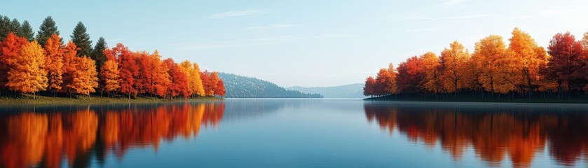 Obraz premium Stunning autumn landscape reflecting colorful trees on calm lake water.