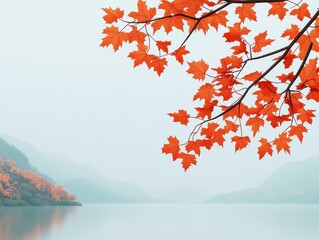 Orange maple leaves hanging over a serene lake, misty mountains in soft focus.