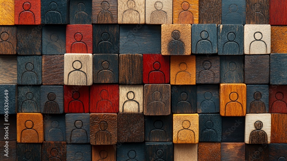 Aufkleber a colorful arrangement of wooden tiles featuring various abstract human figures, creating a visually