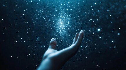 A hand reaching toward a sky full of shooting stars, symbolizing dreams, imagination and aspiration.